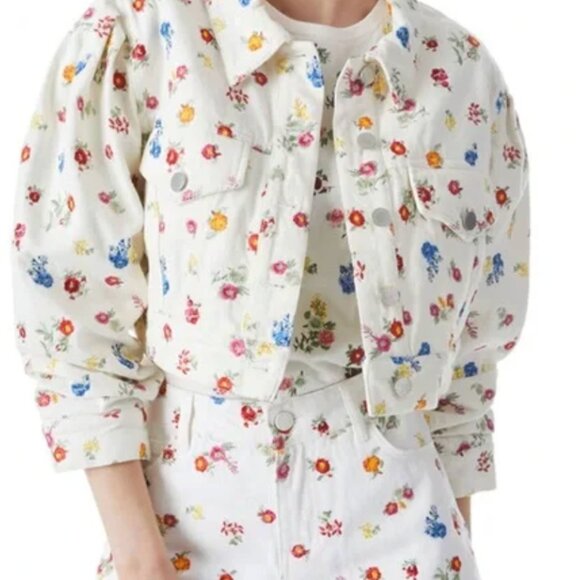 Alice + Olivia Off White Multi Renee Embroidered Cropped Denim Jacket Size S - Picture 2 of 8